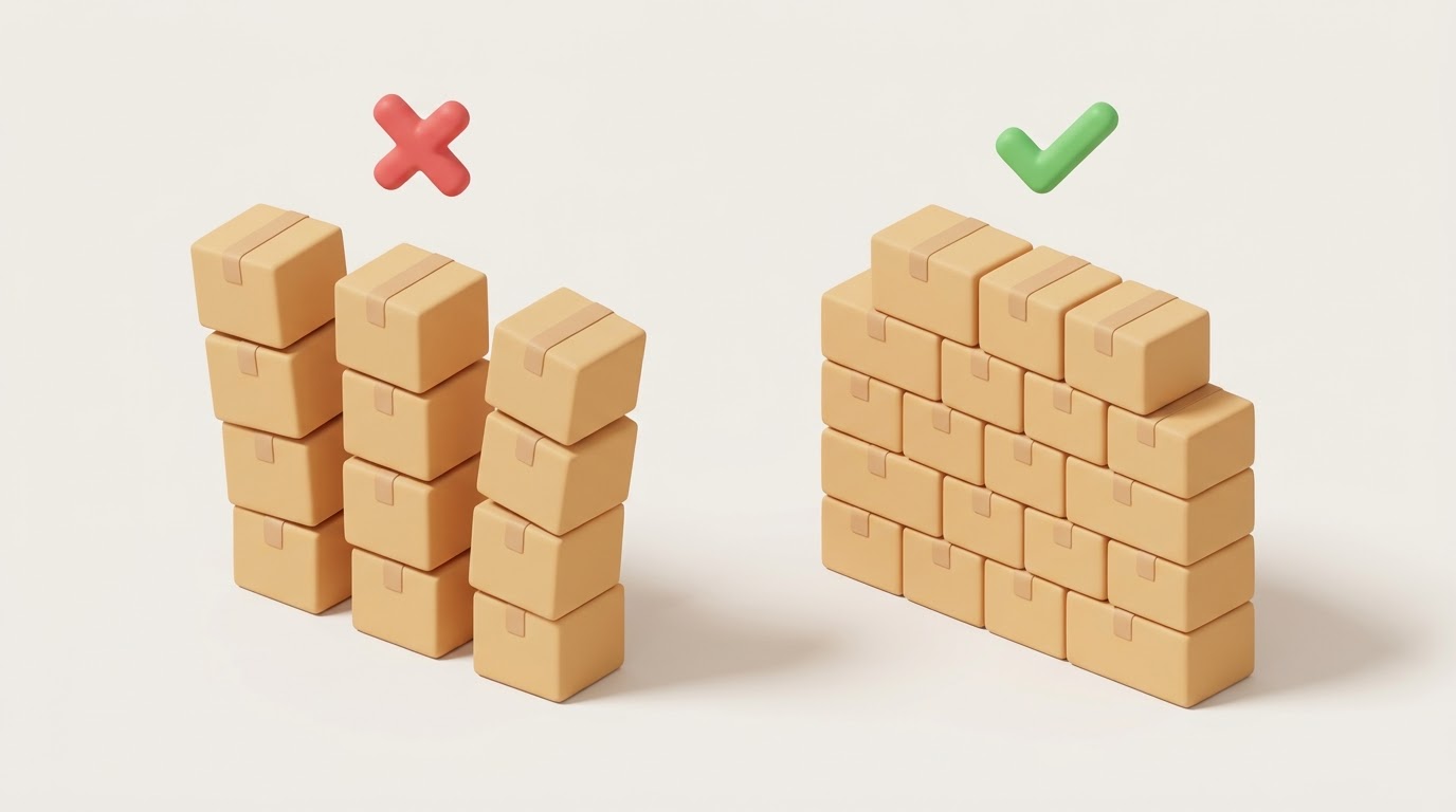Left: three towers of boxes stacked straight, marked with a red cross. Right: a wall of boxes in a T-pattern, marked with a green check.